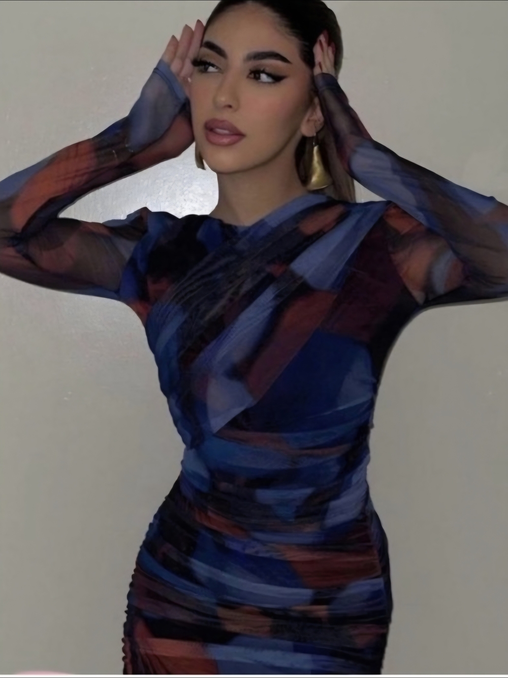 2 Piece Zara Sheer Long-Sleeve Abstract Blue & Brown Ruched Top And Skirt